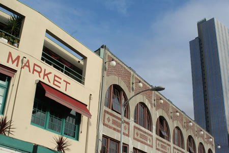 Market and modern buildings
